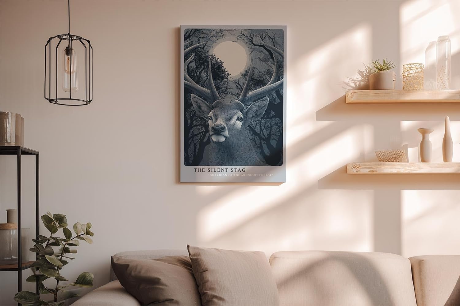 Paul Sinus Wandbild in 40x60cm The Silent Stag – majestätischer Hirsch vor Vollmond im nächtlichen Wald, detailreiche Illustration in kühlen Blautönen