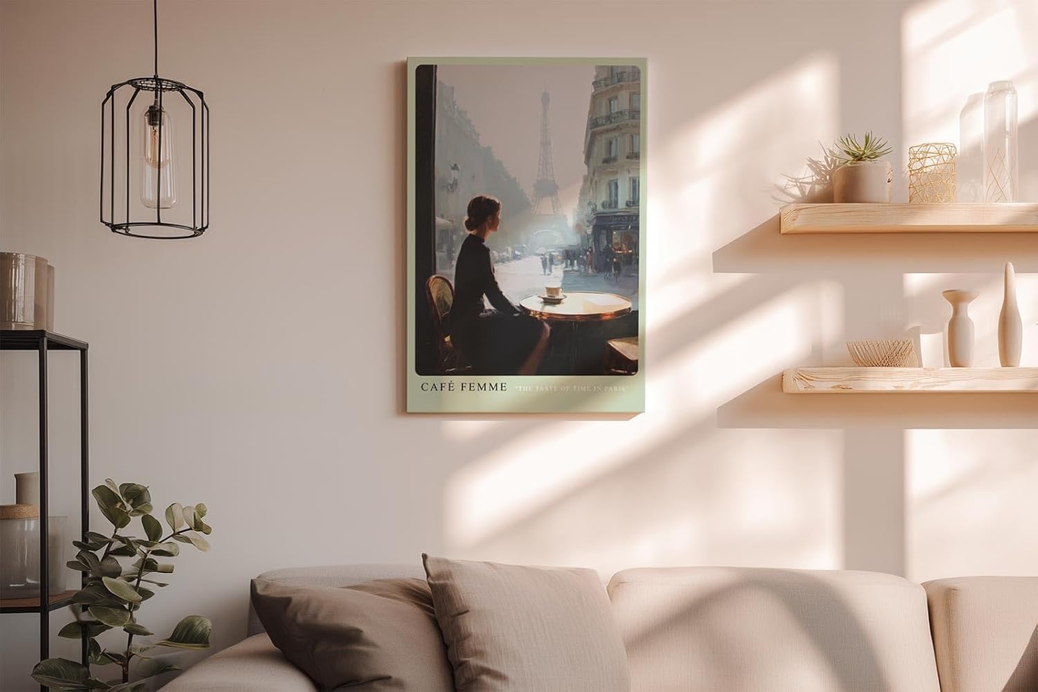 Paul Sinus Wandbild in 40x60cm Café Femme – Romantische Szene einer Frau in einem Pariser Café mit Blick auf den Eiffelturm, moderne Bilder in sanften, stimmungsvollen Farbtönen
