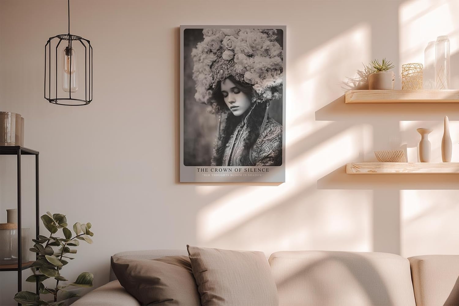 Paul Sinus Wandbild in 40x60cm The Crown of Silence Schwarz-Weiß-Porträt einer Frau mit opulentem Blumenkopfschmuck für elegante und zeitlose Raumgestaltung