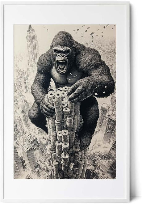 Paul Sinus Poster/Leinwandbild/Rahmenoption – King Kong auf dem Klopapier-Turm – Lustige WC-Deko für dein Badezimmer