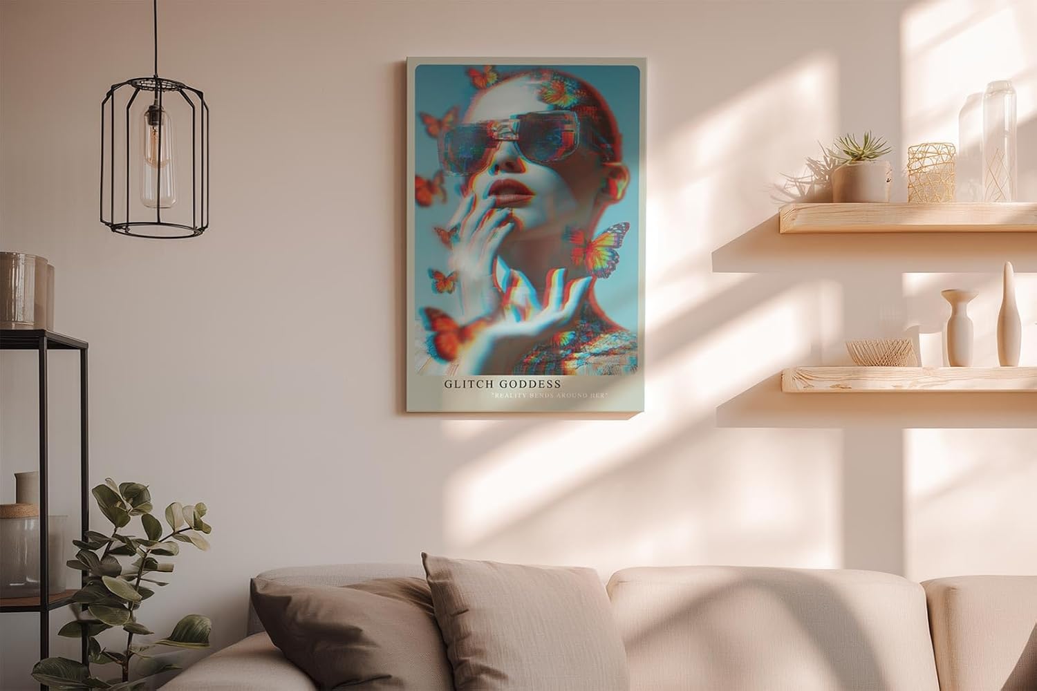 Paul Sinus Wandbild in 40x60cm Glitch Goddess – Futuristisches Porträt einer Frau mit digitalem Glitch-Effekt und Schmetterlingen