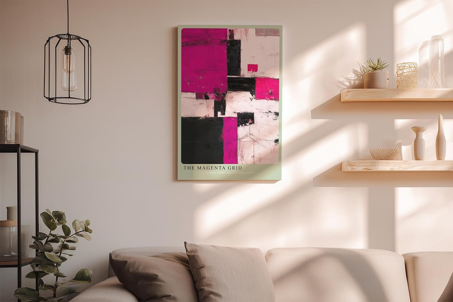 Paul Sinus Wandbild in 40x60cm The Magenta Grid – Strukturiertes abstraktes Kunstwerk in Pink, Schwarz und Weiß mit dynamischer Wirkung