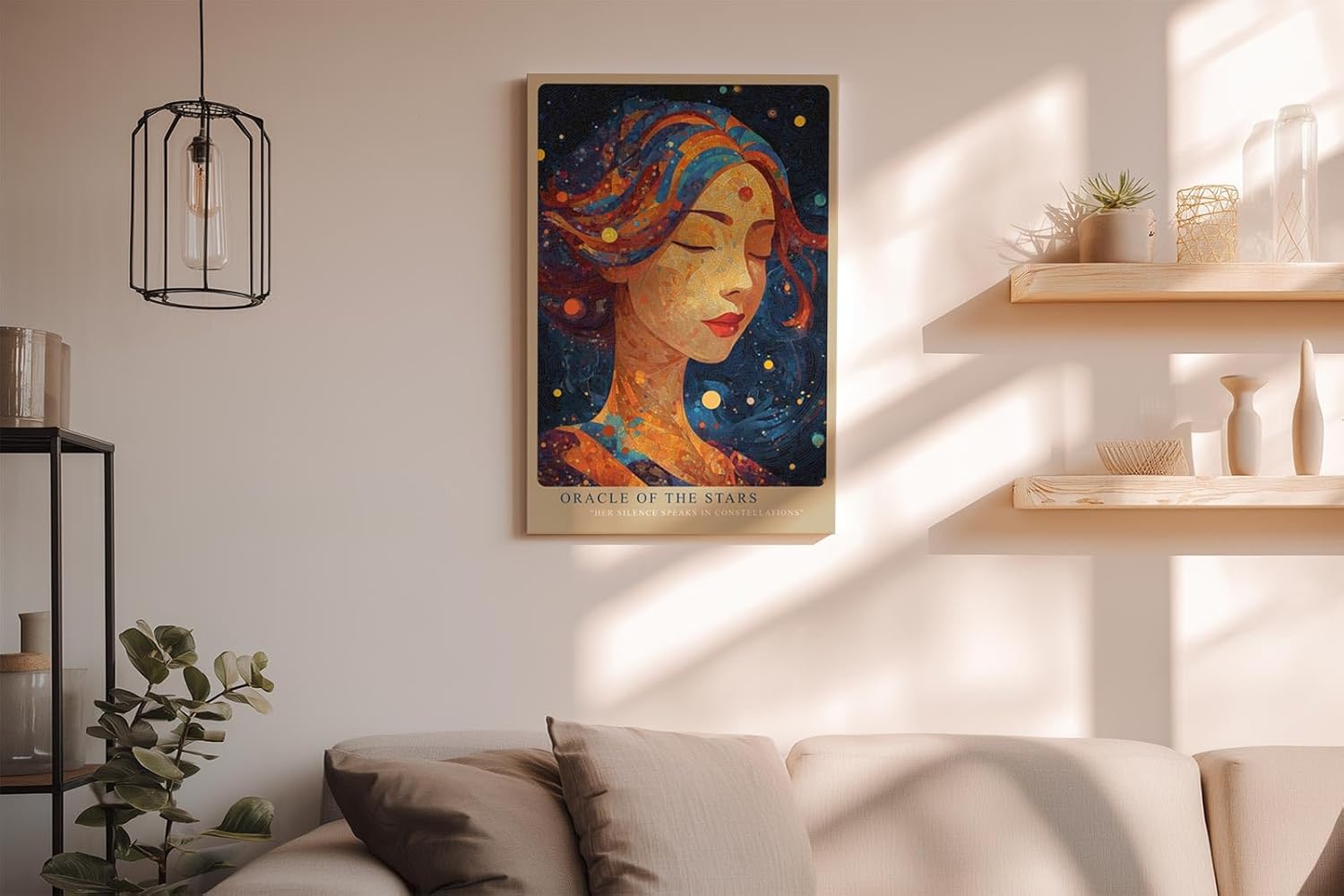 Paul Sinus Wandbild in 40x60cm Oracle of the Stars Abstraktes Frauenporträt mit Sternenmotiven und leuchtenden Farbdetails für inspirierende Raumgestaltung