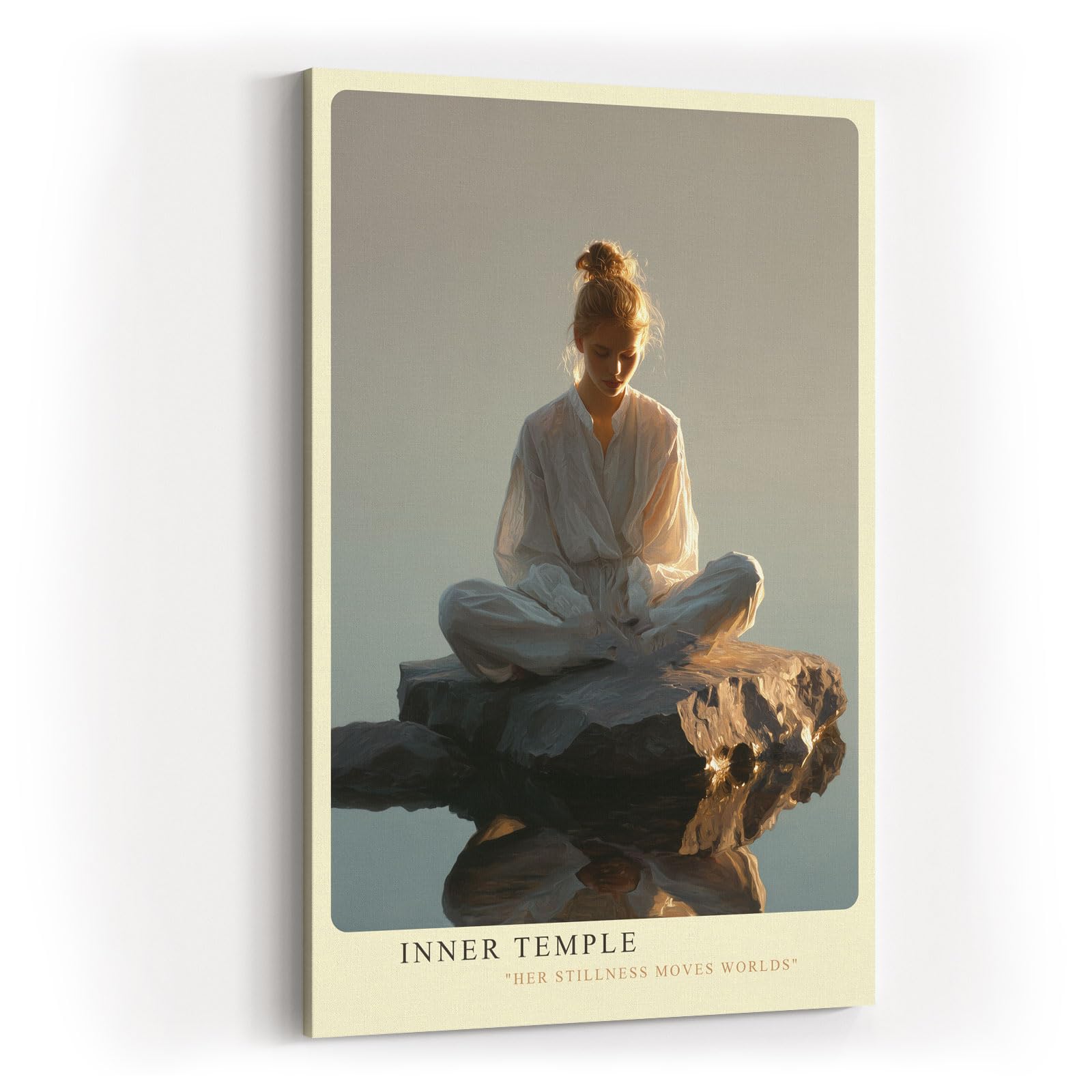 Paul Sinus Wandbild in 40x60cm Inner Temple – Meditatives Porträt einer Frau in weißem Gewand, sitzend auf einem Felsen im Wasser bei sanftem Morgenlicht, moderne Bilder in warmen Tönen