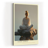 Paul Sinus Wandbild in 40x60cm Inner Temple – Meditatives Porträt einer Frau in weißem Gewand, sitzend auf einem Felsen im Wasser bei sanftem Morgenlicht, moderne Bilder in warmen Tönen