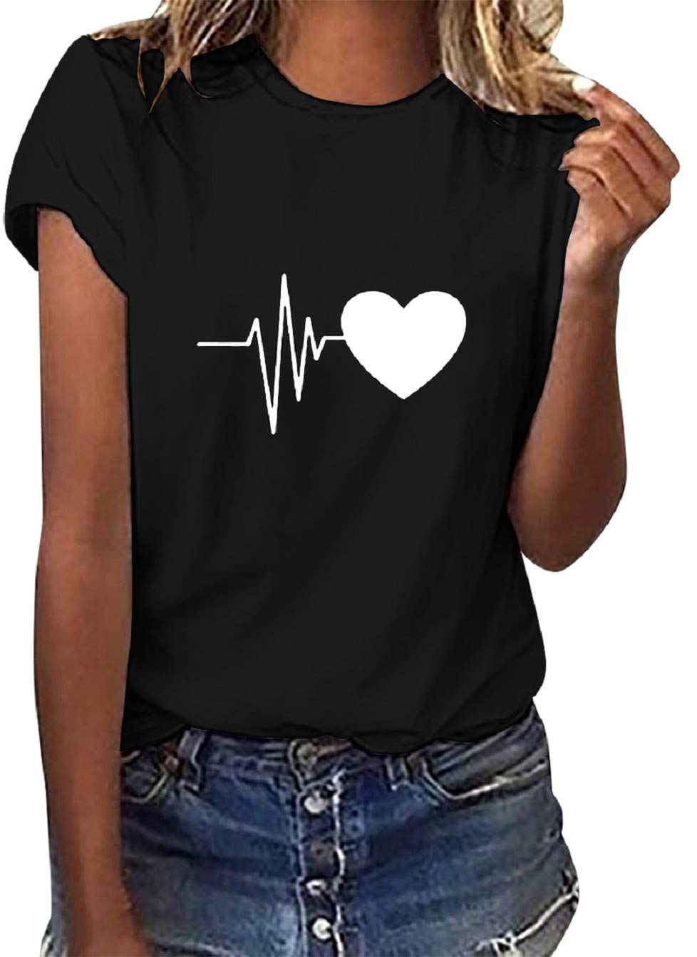 Tuopuda T-Shirt Damen Sommer Oberteile Rundhals Kurzärmeliges Print Bluse Basic Shirt Bequem Baumwolle Tunika Tee Tops Schlank Hemd für Frühling Sommer Herbst