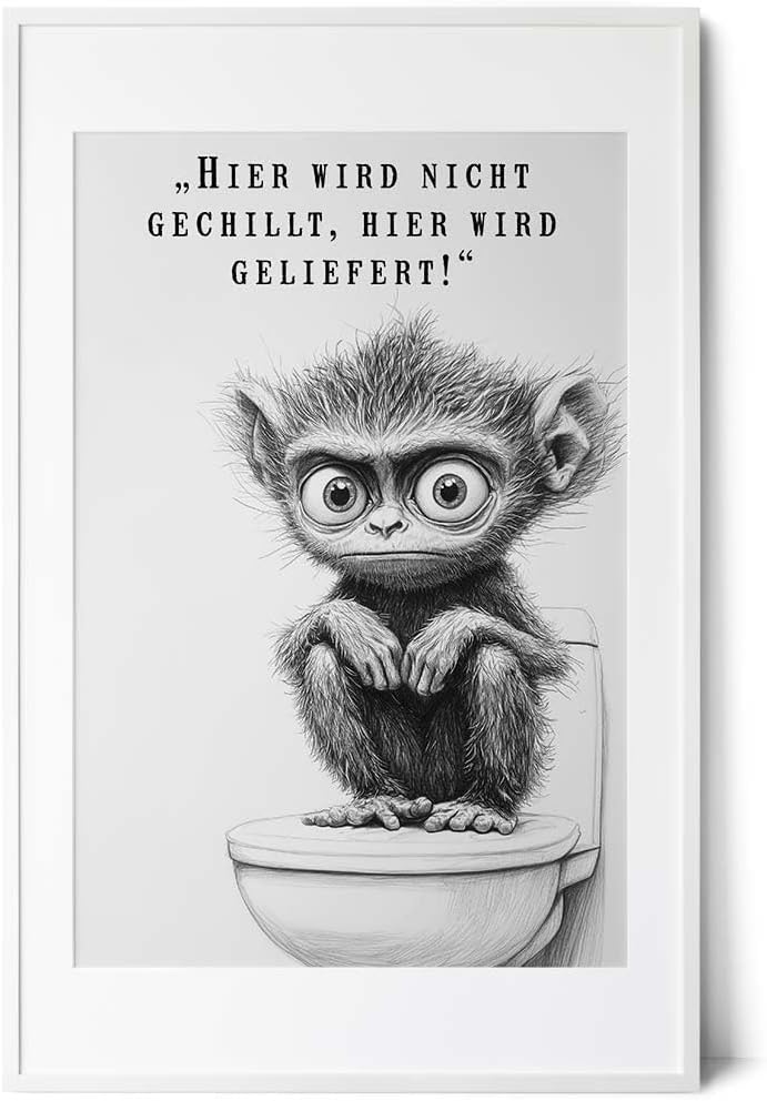 Paul Sinus Poster/Leinwandbild/Rahmenoption – Affe auf Toilette „Hier wird geliefert!“ – Lustige WC-Deko für dein Badezimmer
