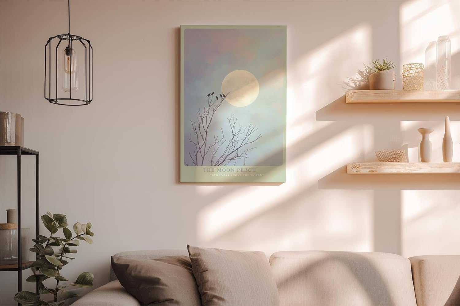 Paul Sinus Wandbild in 40x60cm The Moon Perch Vögel auf kahlen Ästen vor großem Mond im sanften Farbenspiel aus Blau und Rosa