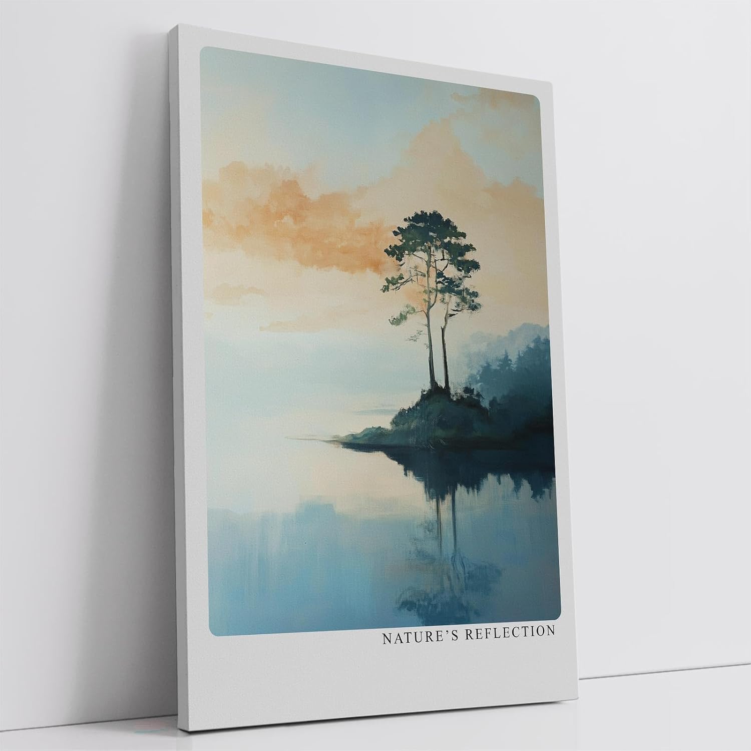 Paul Sinus Leinwandbild 80x120cm Stille Natur – Malerische Landschaft mit einsamem Baum und Spiegelung im ruhigen Wasser, sanfte Farben