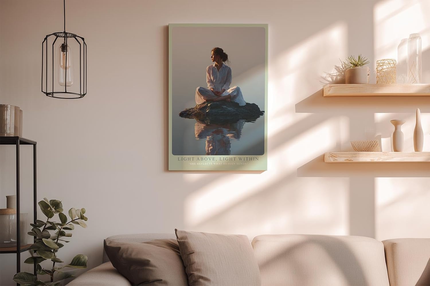 Paul Sinus Wandbild in 40x60cm Light Above, Light Within – Meditatives Porträt einer Frau in weißem Gewand, sitzend auf einem Felsen im stillen Wasser bei Sonnenaufgang