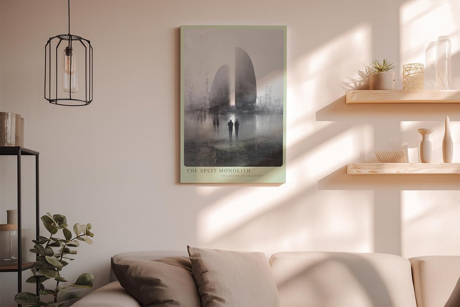 Paul Sinus Wandbild in 40x60cm The Split Monolith Zwei monumentale, geteilte Bauwerke in nebliger Stadtlandschaft mit Figuren im Vordergrund