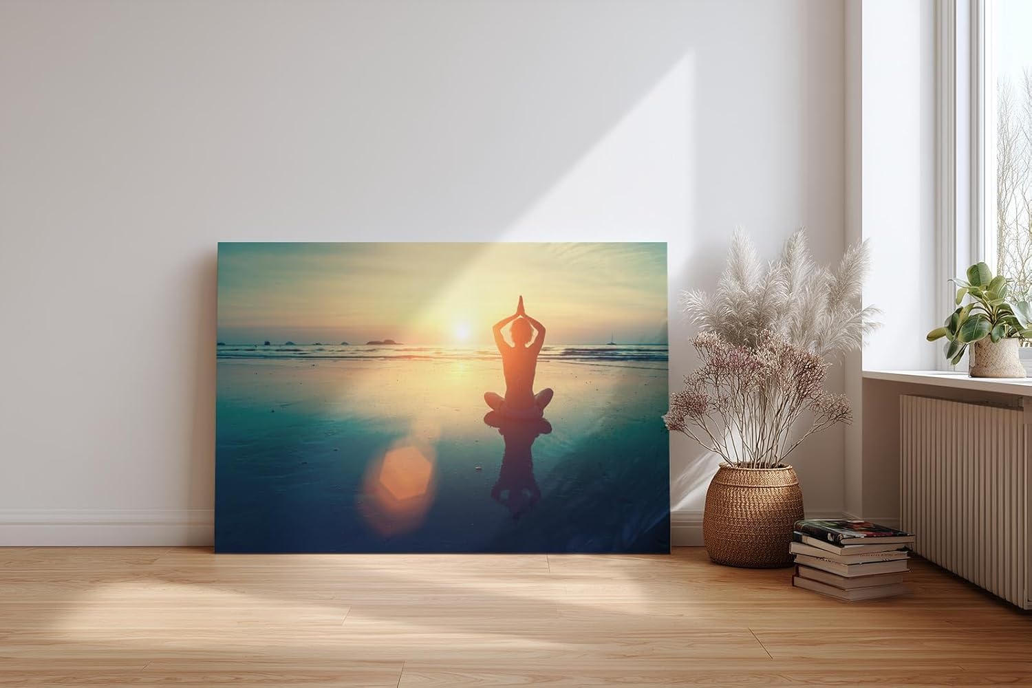 Sinus Art Wandbild 120x80cm Silhouette beim Yoga im Sonnenuntergang – Sinnbild für Balance und Achtsamkeit