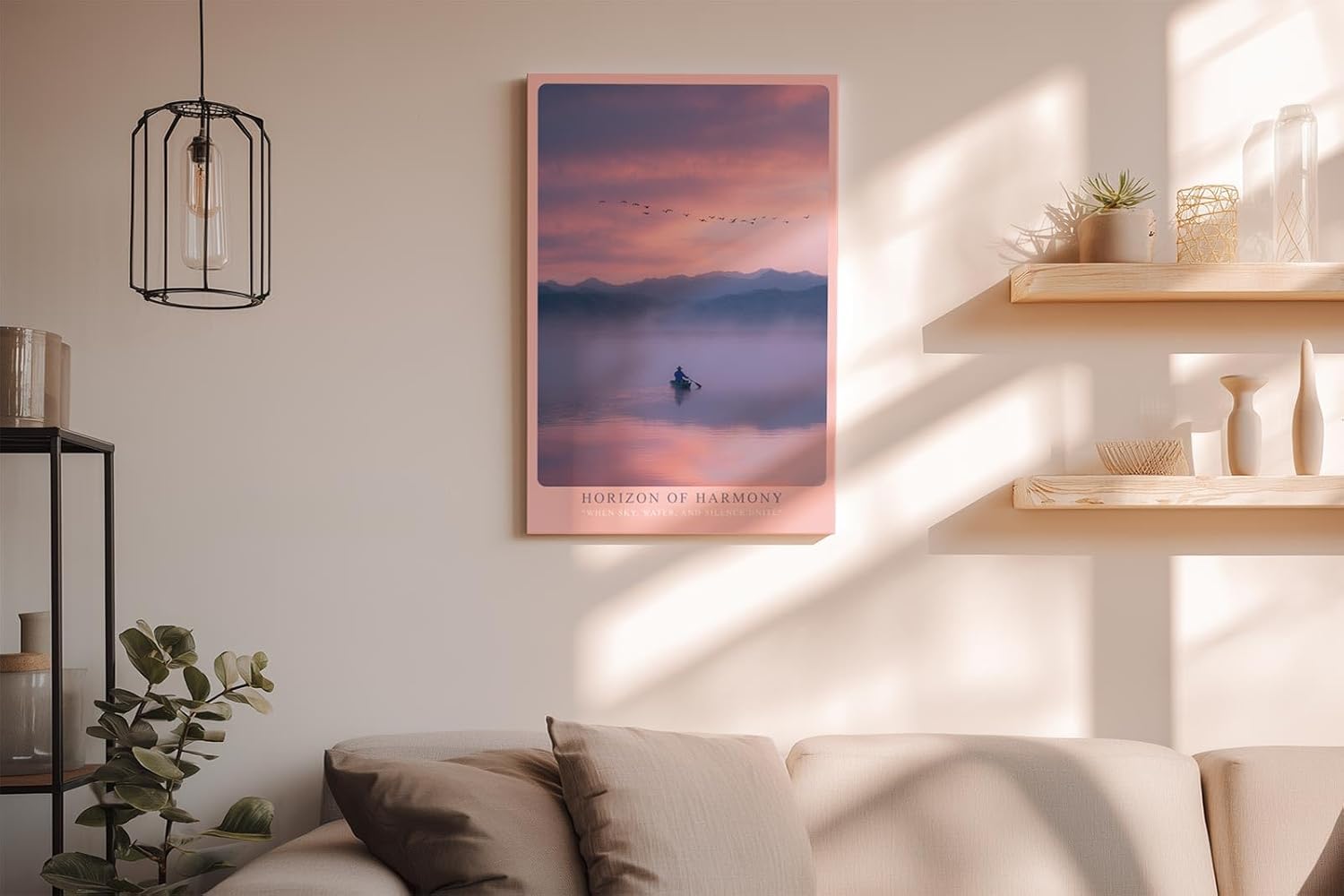 Paul Sinus Wandbild in 40x60cm Boot auf nebligem See bei Sonnenaufgang mit Bergen und Vogelschwarm im Hintergrund