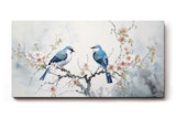 Sinus Art Wandbild 120x80cm Detailreiches Naturmotiv mit zwei blauen Vögeln auf blühendem Ast – filigran und stimmungsvoll gestaltet