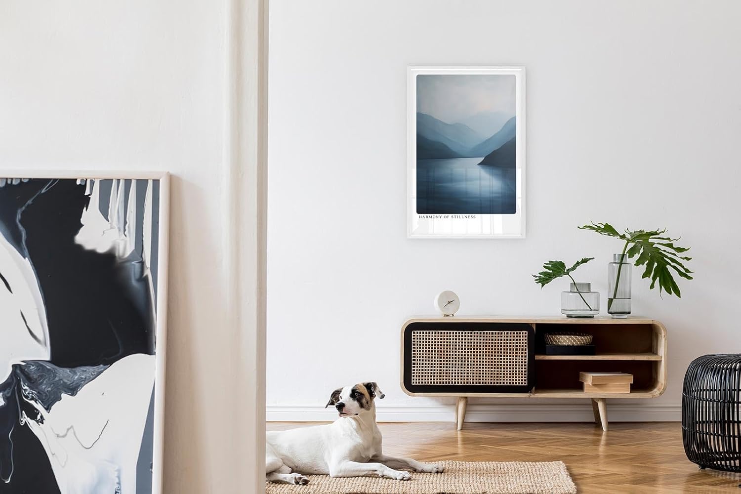 Paul Sinus Leinwandbild 40x60cm Stille Wasser – Meditative Landschaft mit ruhigem See und sanften Bergen in harmonischen Blautönen