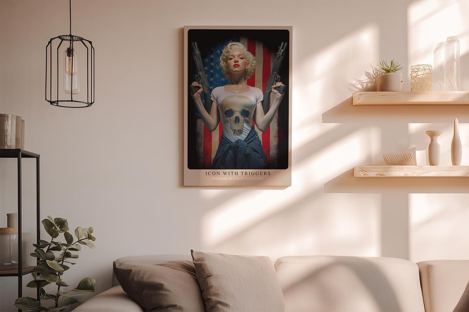 Paul Sinus Wandbild in 40x60cm Marilyn Monroe mit Gewehren vor US-Flagge – provokantes Pop-Art-Motiv mit rebellischem Glamour
