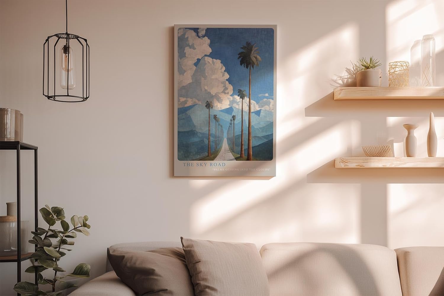 Paul Sinus Wandbild in 40x60cm The Sky Road mit Palmenallee und dramatischem Wolkenhimmel vor blauen Bergen für eindrucksvolle Wandgestaltung
