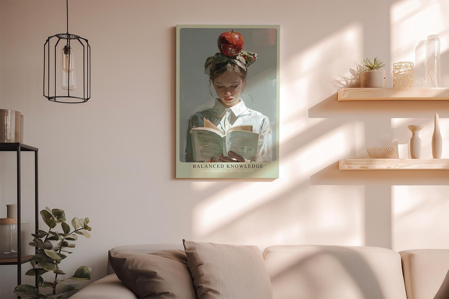 Paul Sinus Wandbild in 40x60cm Balanced Knowledge – Kreatives Porträt einer jungen Frau mit Apfel auf dem Kopf, vertieft ins Lesen, moderne Bilder mit ausdrucksstarker Komposition