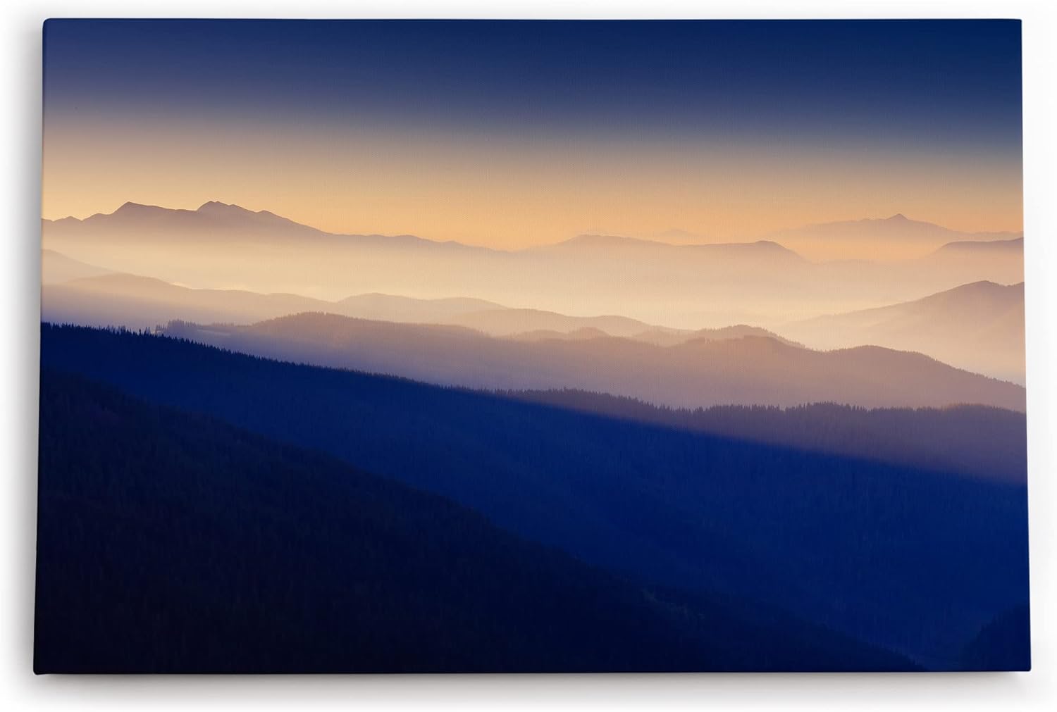 Wandbild 120x80cm Berge Berglandschaft Sonnenaufgang Blaue Stunde Nebel
