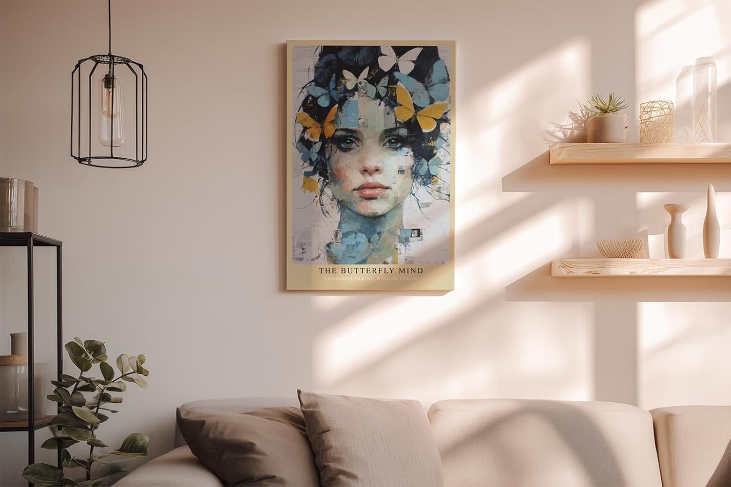 Paul Sinus Wandbild in 40x60cm The Butterfly Mind – farbintensives Porträt einer Frau mit Schmetterlingen im Haar in moderner Kunstoptik