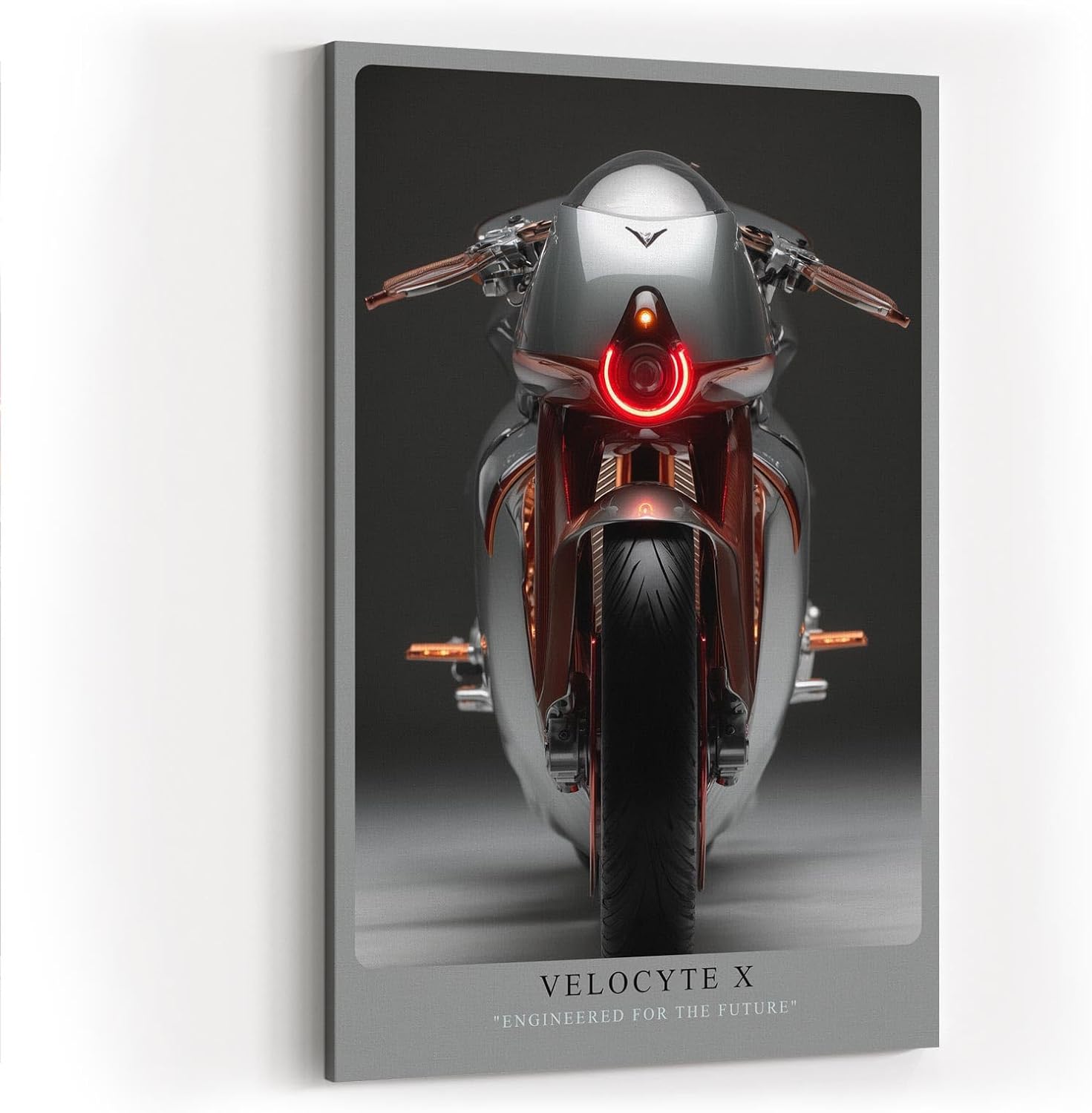 Paul Sinus Wandbild in 40x60cm Velocyte X – futuristisches Motorrad-Design in minimalistischer Perspektive mit markantem Rücklicht