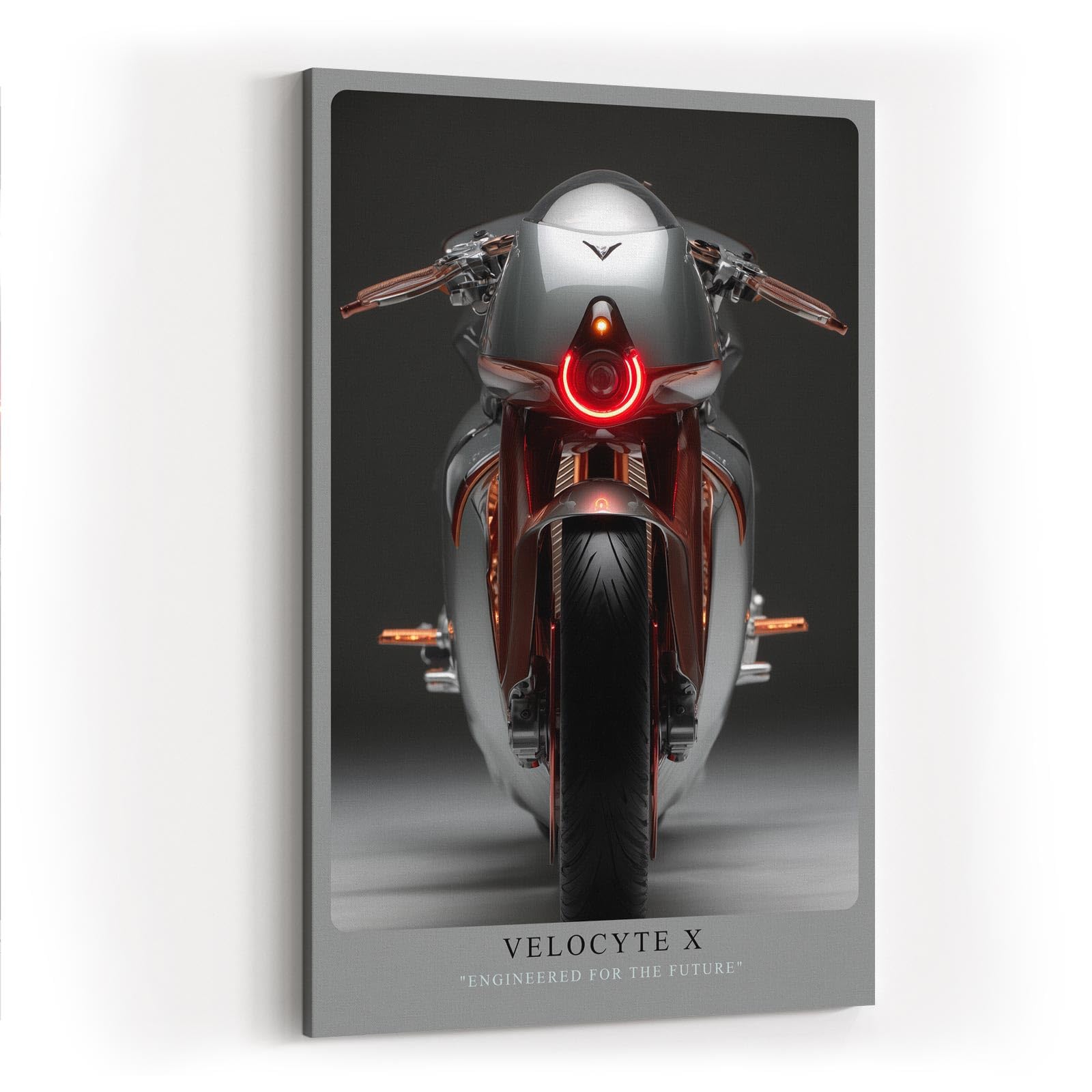 Paul Sinus Wandbild in 40x60cm Velocyte X – futuristisches Motorrad-Design in minimalistischer Perspektive mit markantem Rücklicht