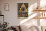 Paul Sinus Wandbild in 40x60cm Eye of the Sigma – Abstrakte geometrische Komposition mit goldenem Dreieck und zentralem Kreis auf dunkler Strukturfläche