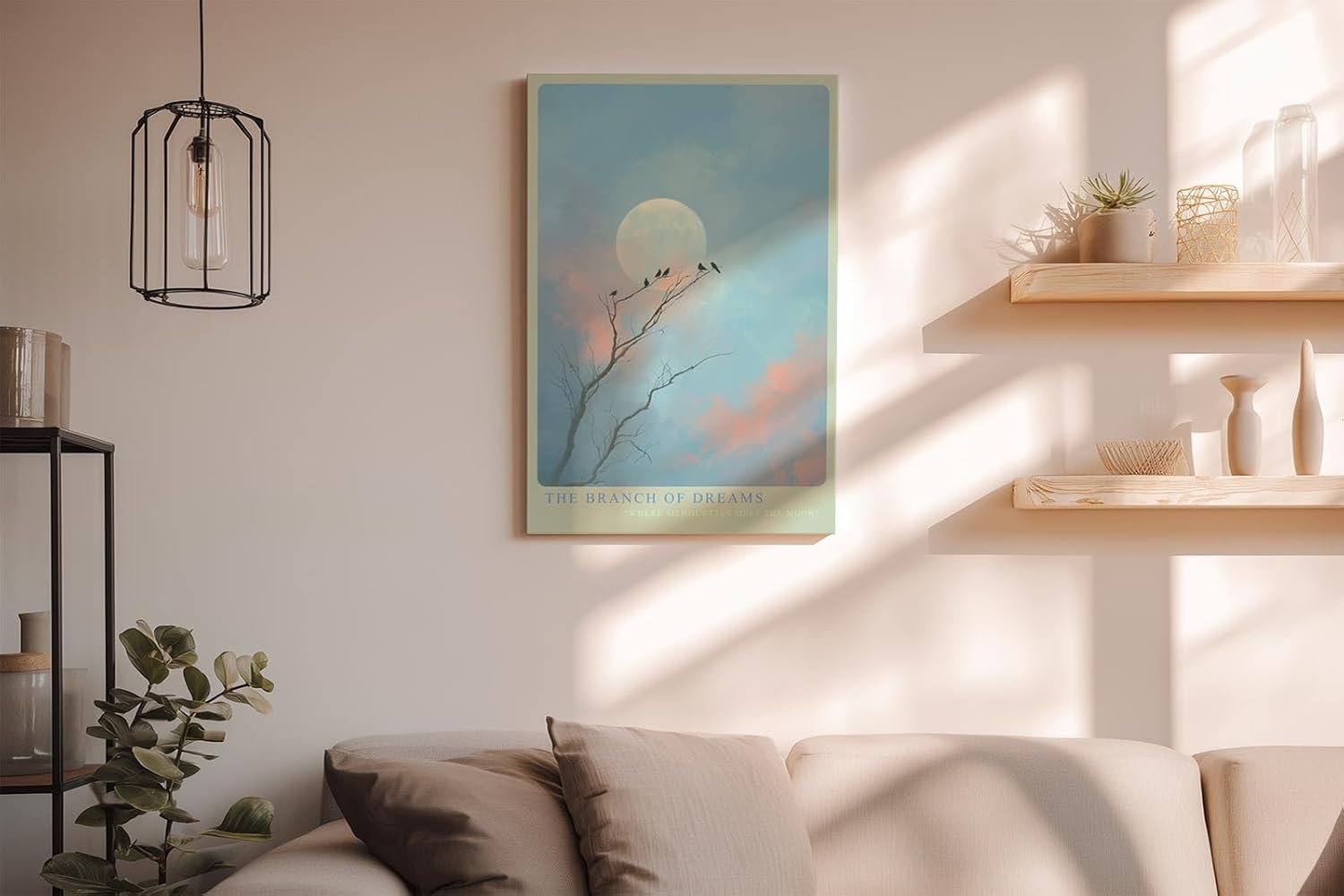 Paul Sinus Wandbild in 40x60cm The Branch of Dreams Traumhafte Landschaft mit Vögeln auf Zweigen vor großem Mond in pastellfarbenem Himmel