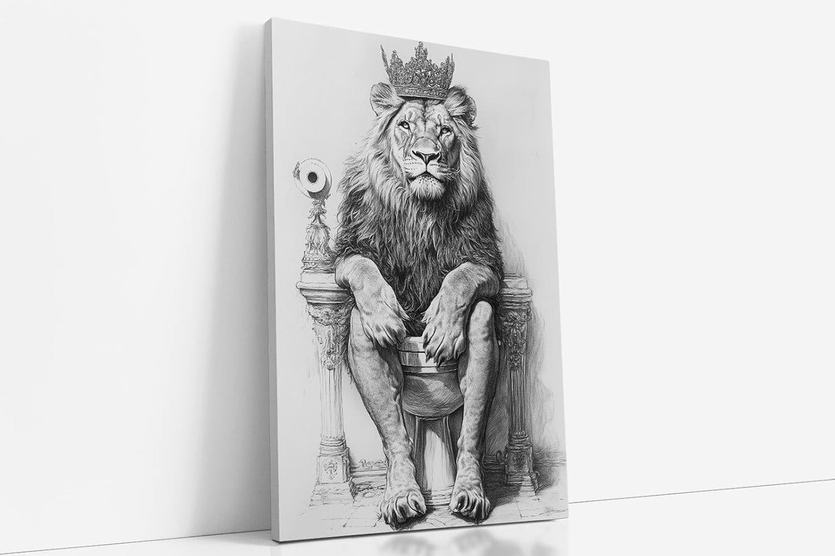 Paul Sinus Poster/Leinwandbild/Rahmenoption – Majestätischer Löwe auf dem Klothron – Lustige WC-Deko für dein Badezimmer