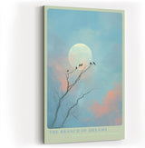 Paul Sinus Wandbild in 40x60cm The Branch of Dreams Traumhafte Landschaft mit Vögeln auf Zweigen vor großem Mond in pastellfarbenem Himmel