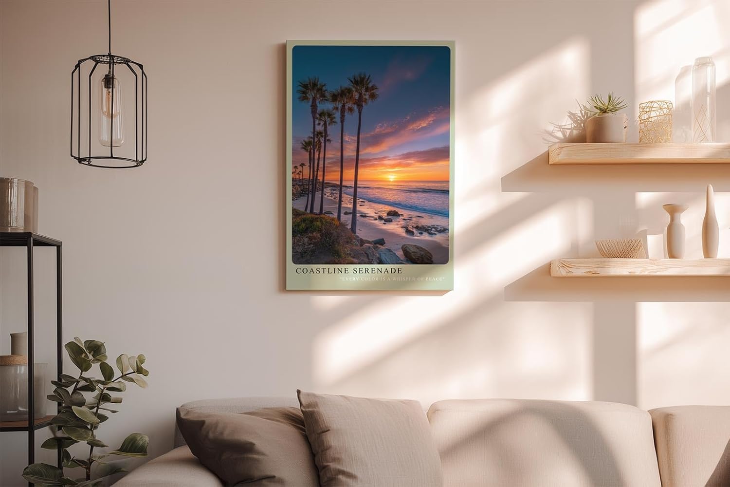 Paul Sinus Wandbild in 40x60cm Coastline Serenade mit Sonnenuntergang und Palmen am ruhigen Strand für harmonische Wandgestaltung