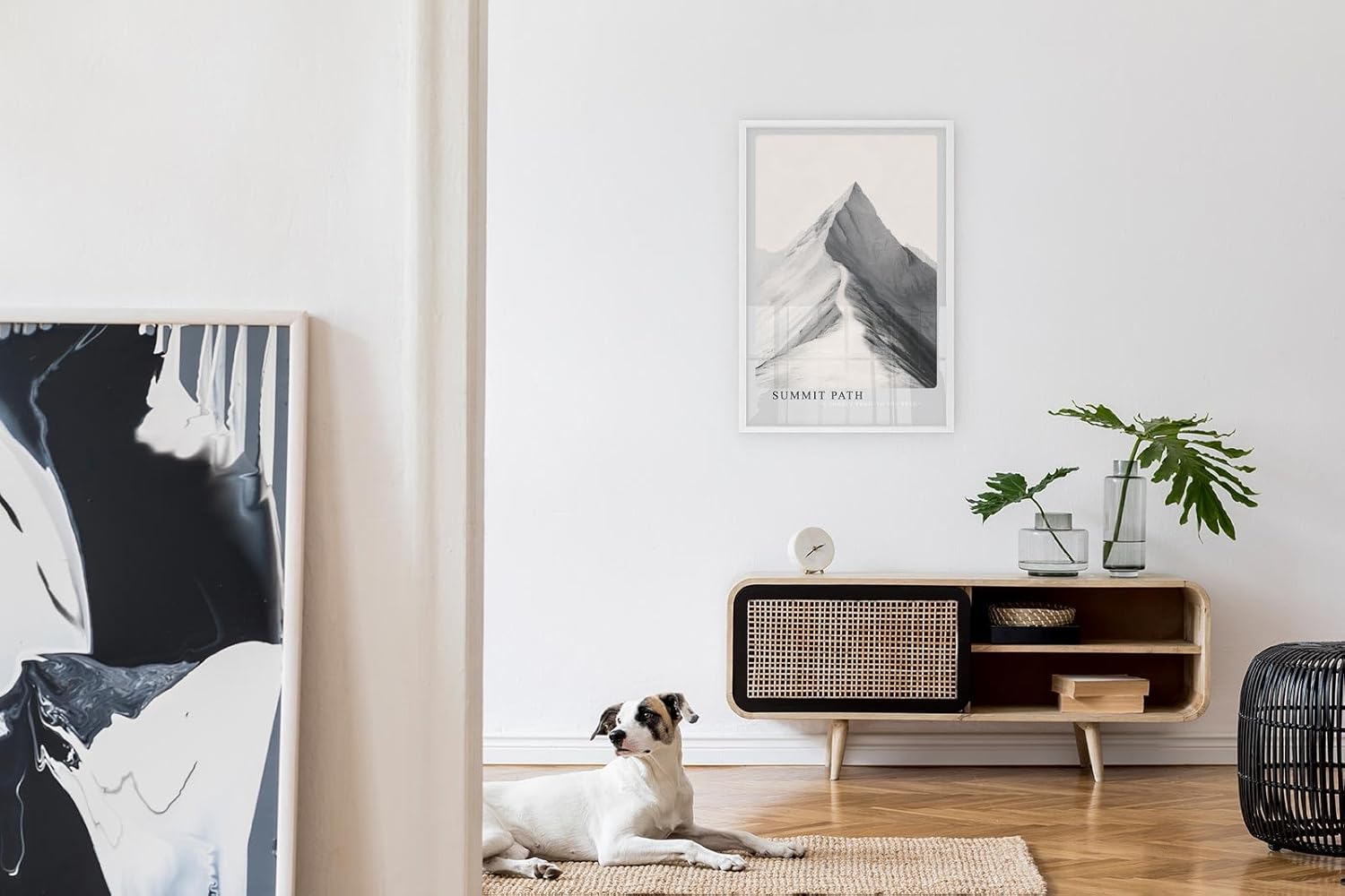 Paul Sinus Leinwandbild 60x90cm Gipfelpfad – Minimalistisches Bergmotiv mit einsamem Weg zur Spitze in monochromer Ästhetik