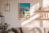Paul Sinus Wandbild in 40x60cm A Memory in Santorini – Frau in blauem Rock und Strohhut vor weißen Häusern und blauen Kuppeln, sonnige Mittelmeeridylle