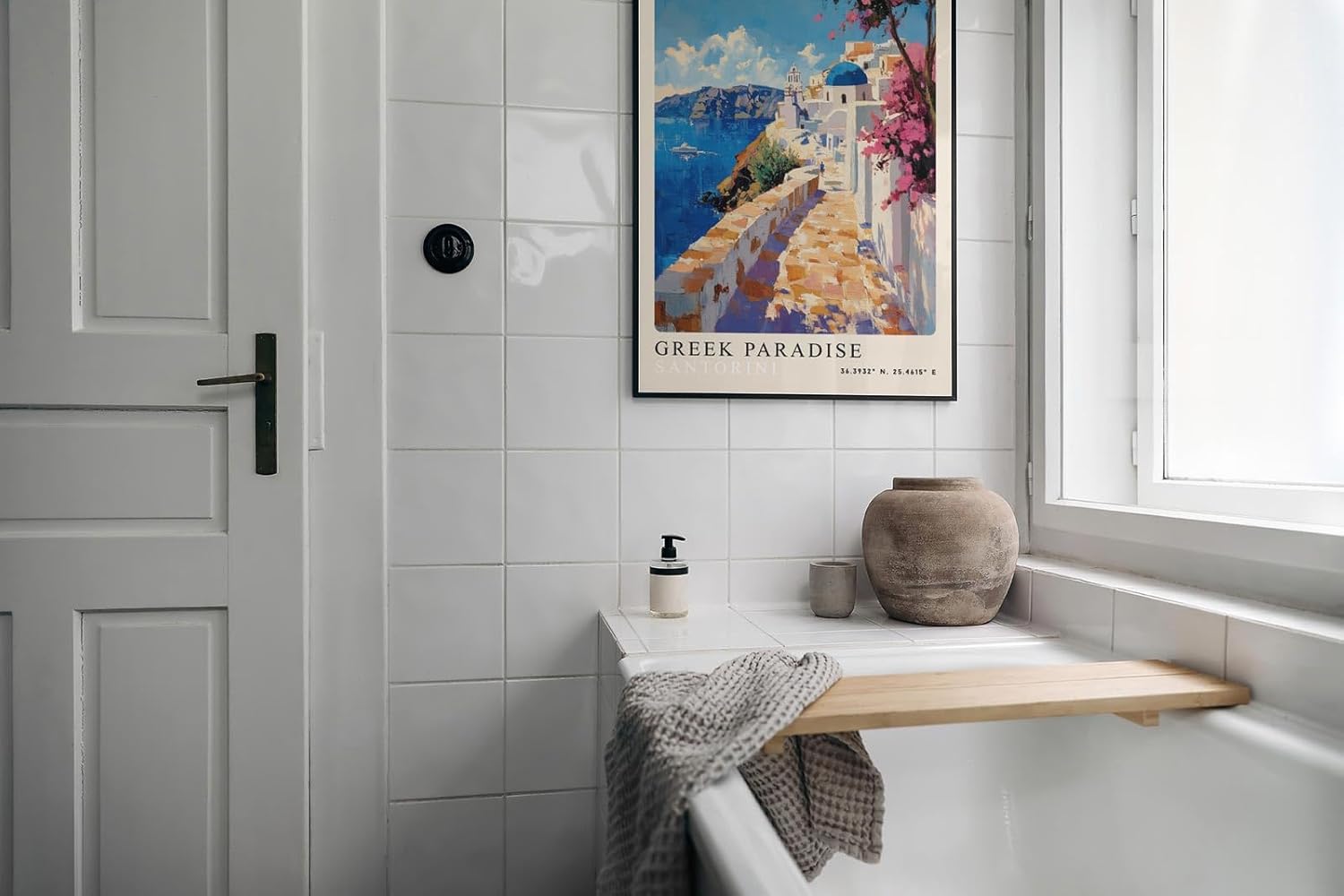 Paul Sinus Leinwandbild 60x90cm Greek Paradise – Santorini, Griechenland, Küste, Blau, Weiß, Architektur, Insel, Meer, Sonne, Urlaub, Kykladen