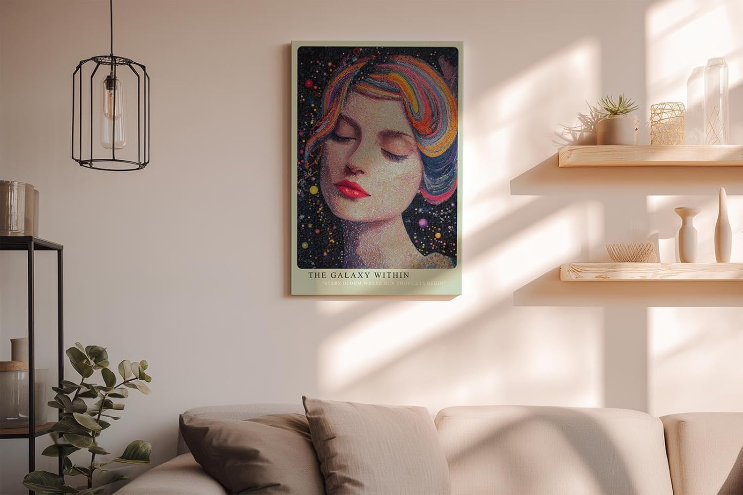 Paul Sinus Wandbild in 40x60cm The Galaxy Within Abstraktes Frauenporträt mit bunten Galaxieelementen im Haar für moderne und traumhafte Raumgestaltung