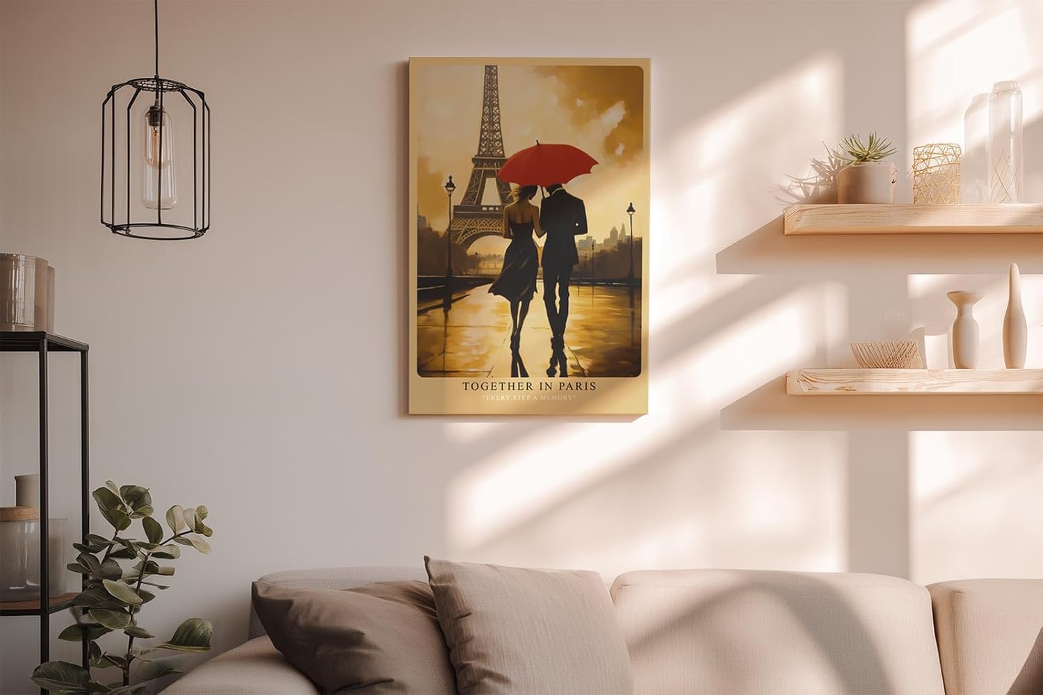 Paul Sinus Wandbild in 40x60cm Together in Paris – romantische Szene eines Paares mit rotem Schirm vor dem Eiffelturm für elegante Raumgestaltung