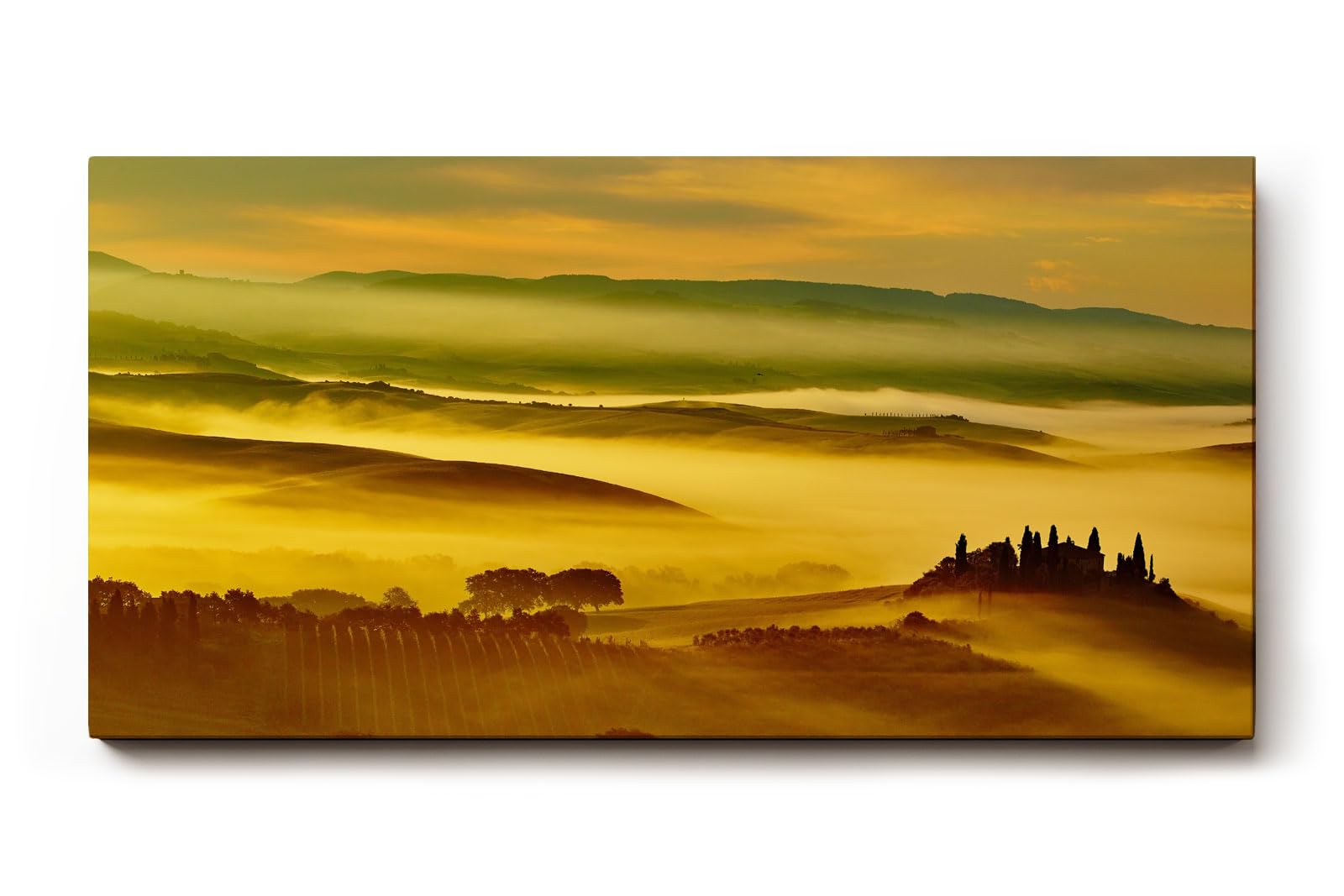 Sinus Art Wandbild 120x80cm Malerische Landschaft der Toskana mit Nebelfeldern und Sonnenlicht – beruhigend und träumerisch
