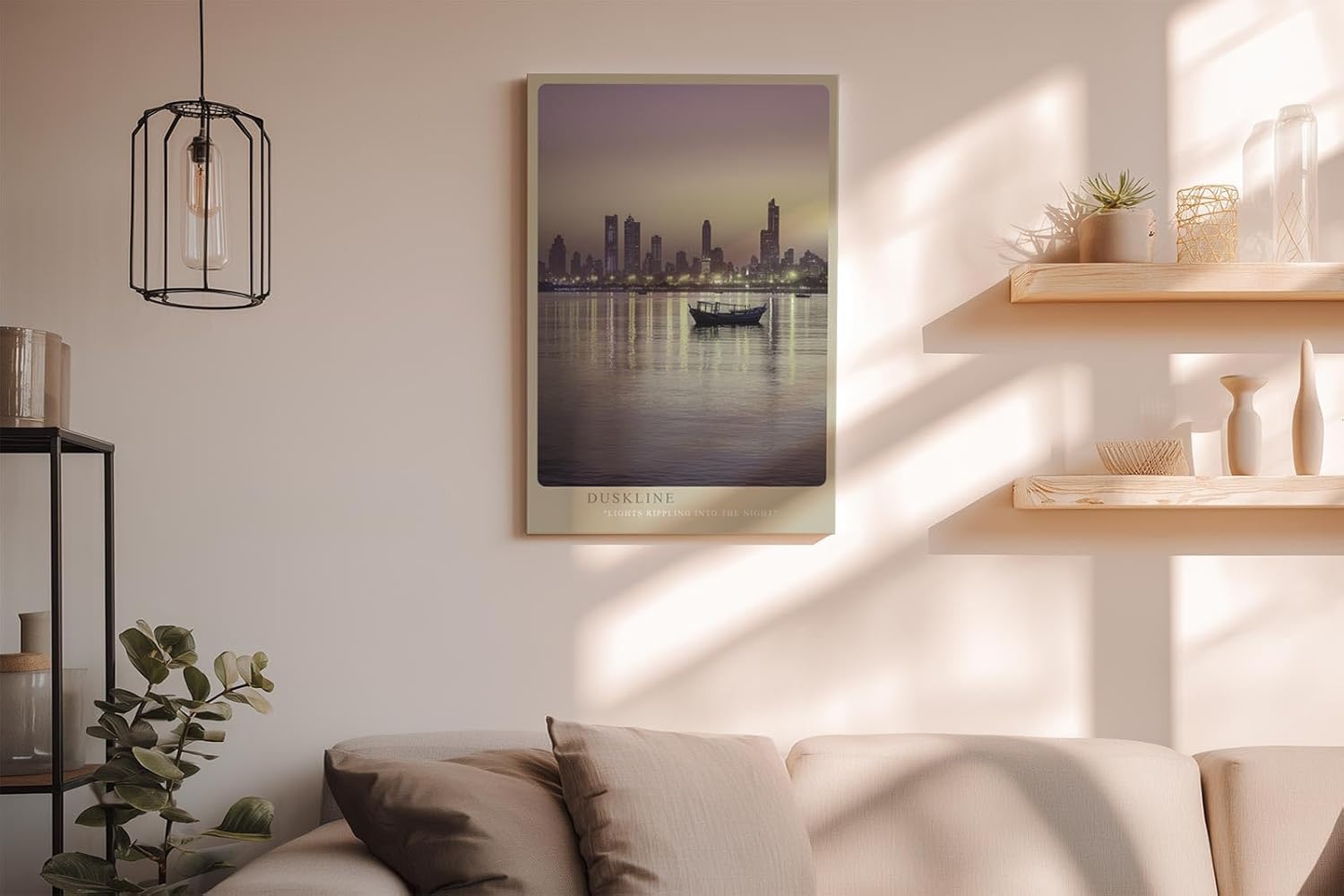Paul Sinus Wandbild in 40x60cm Duskline mit stimmungsvoller Stadtsilhouette und Boot im Abendlicht für elegante Wandgestaltung