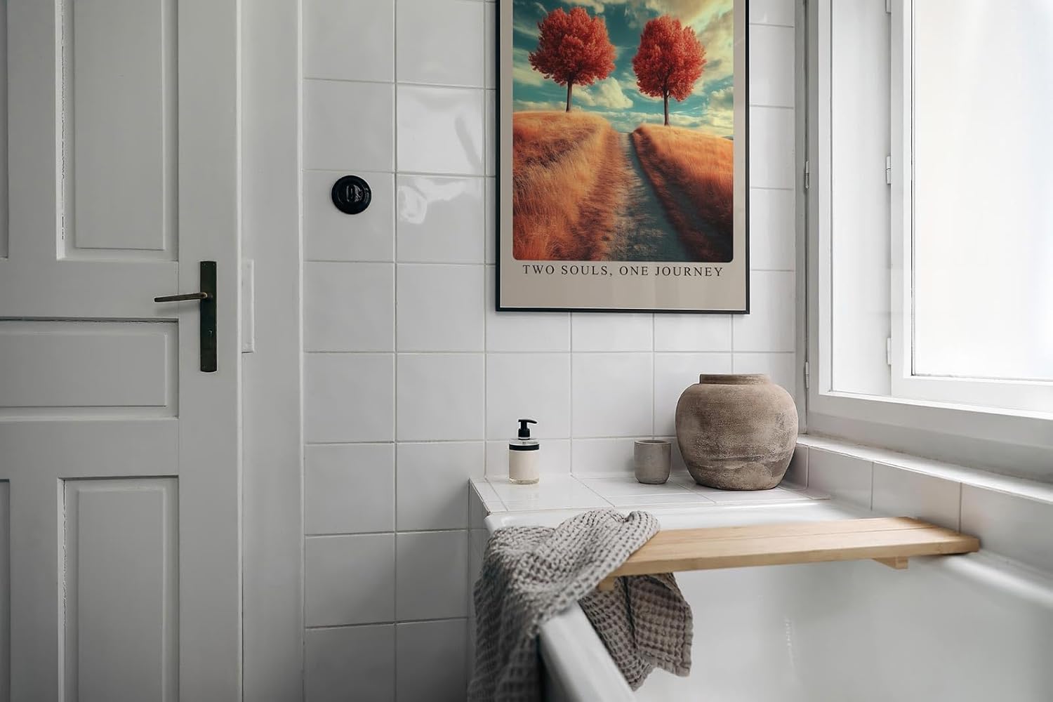 Paul Sinus Leinwandbild 80x120cm Zwei Seelen, eine Reise – Symbolische Landschaft mit goldenem Weg, herbstlichen Bäumen und traumhafter Stimmung