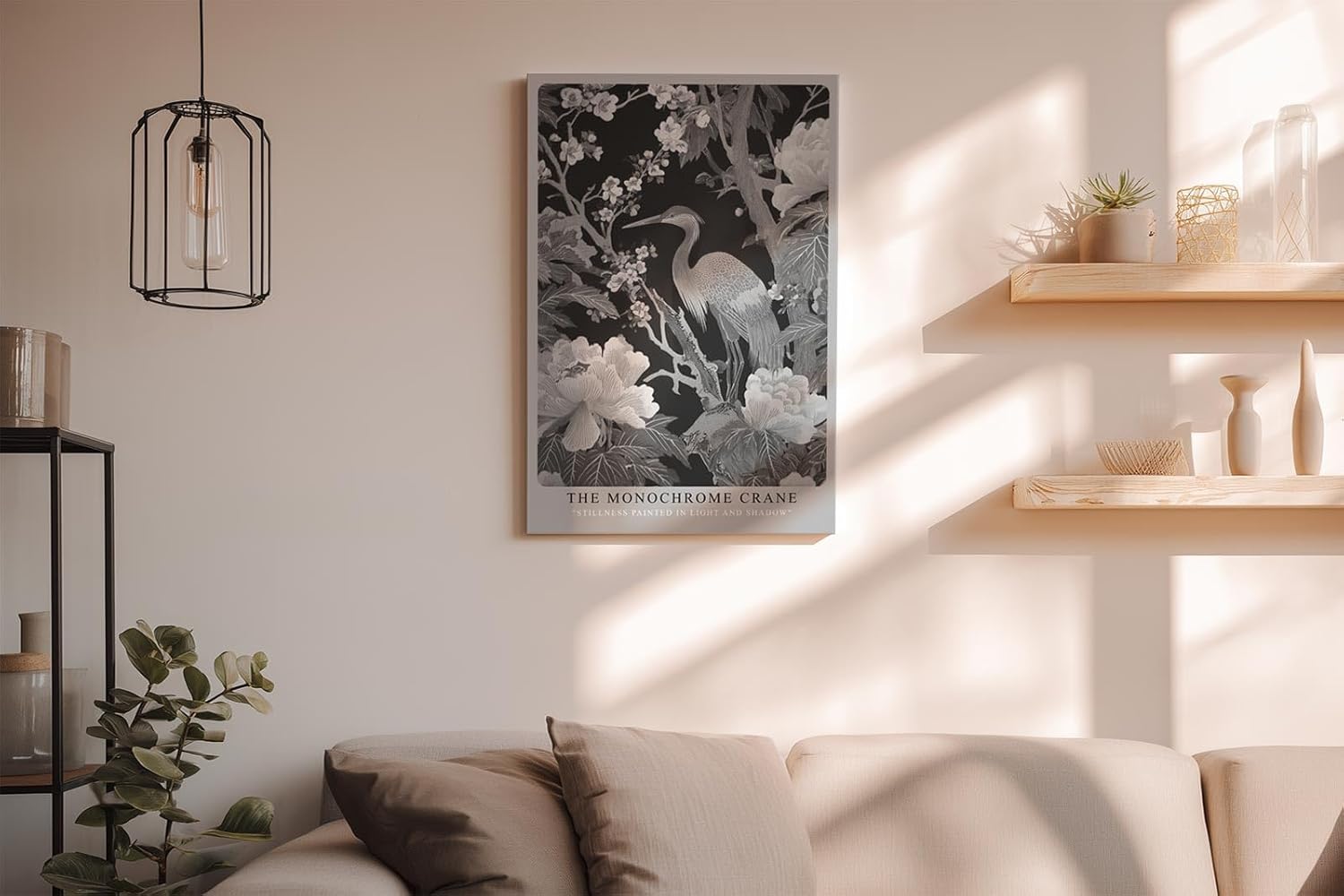 Paul Sinus Wandbild in 40x60cm The Monochrome Crane mit Kranich und Blüten in Schwarz-Weiß-Optik für stilvolle Wandgestaltung