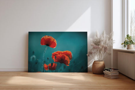 Sinus Art Wandbild 120x80cm Leuchtende Mohnblüten heben sich kontrastreich vom dunklen Hintergrund ab