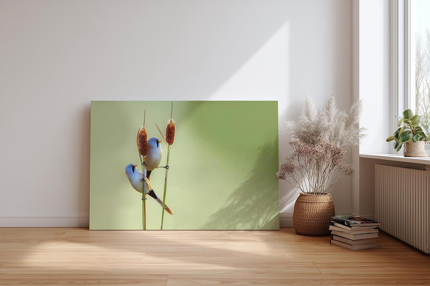 Sinus Art Wandbild 120x80cm Zwei Bartmeisen auf Schilfrohren – ruhige Komposition mit hohem ästhetischen Wert