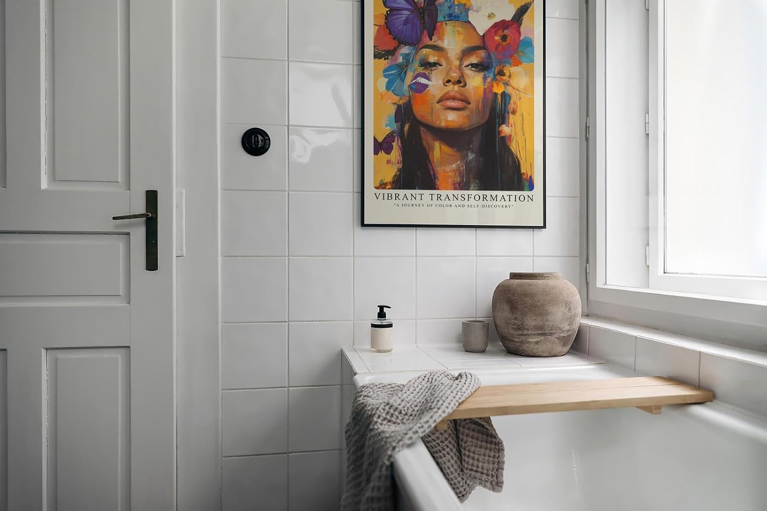 Paul Sinus Leinwandbild 80x120cm Leinwandbild Lebendige Transformation – Kraftvolles Porträt mit intensiven Farben, Schmetterlingen und floralen Akzenten