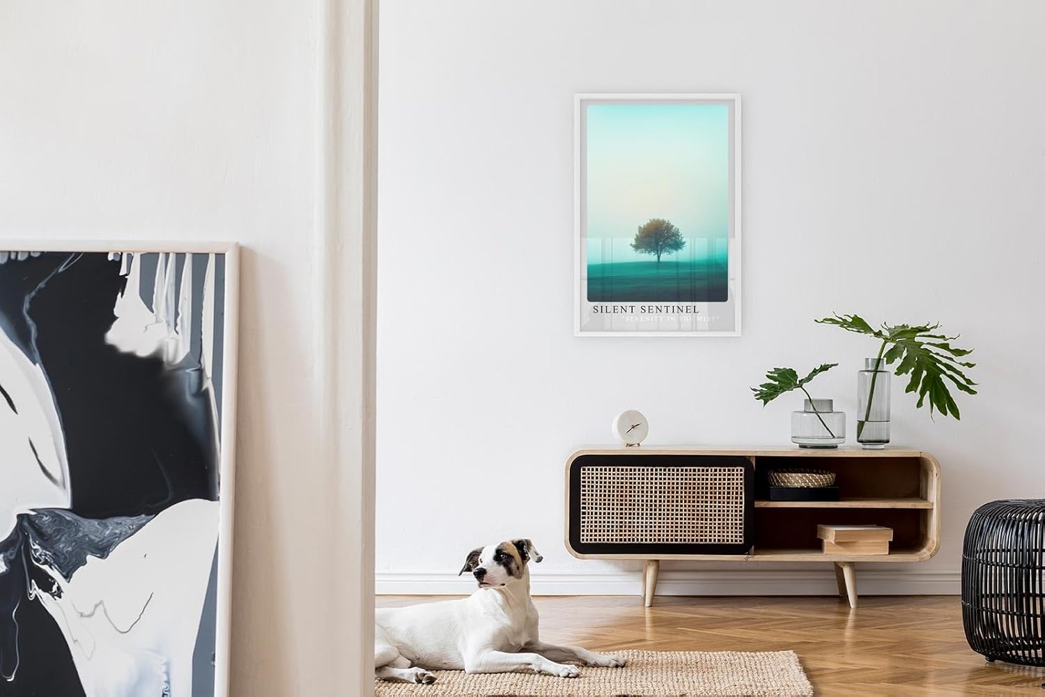 Paul Sinus Leinwandbild 40x60cm minimalistisches Landschaftsbild mit einsamem Baum im sanften Nebel, beruhigende Wandkunst