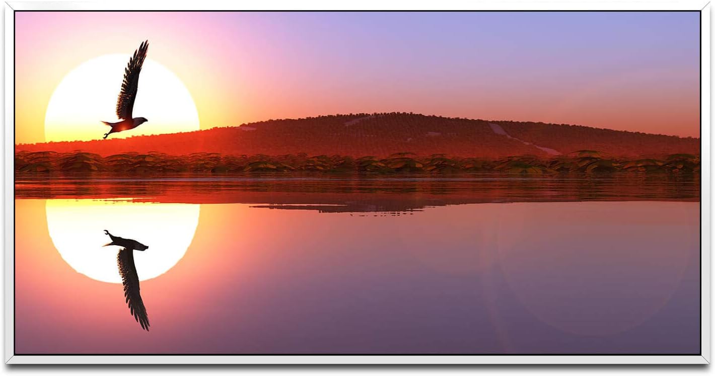 Adler in einer Seen Landschaft ca. 130x70cm Wandbild inklusive Schattenfugenrahmen weiss - Panorama Leinwand Bild XXL Format Wandbilder Wohnzimmer Wohnung Deko Kunstdrucke