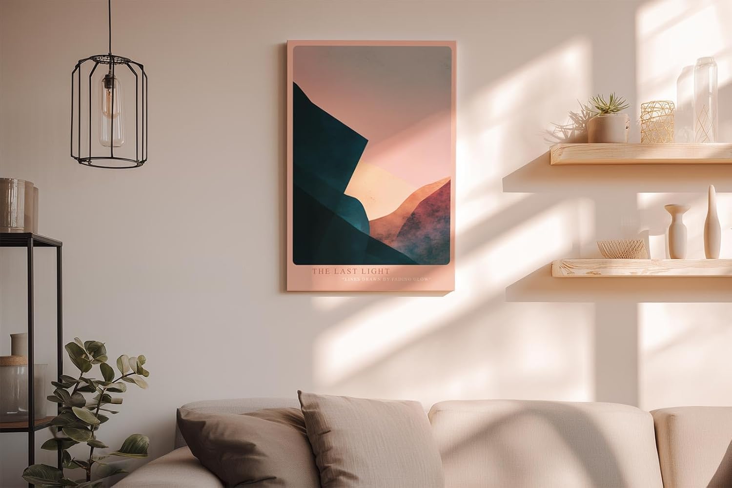 Paul Sinus Wandbild in 40x60cm The Last Light – Abstraktes Bergmotiv in sanften Rosaund Blautönen für moderne Wohnräume