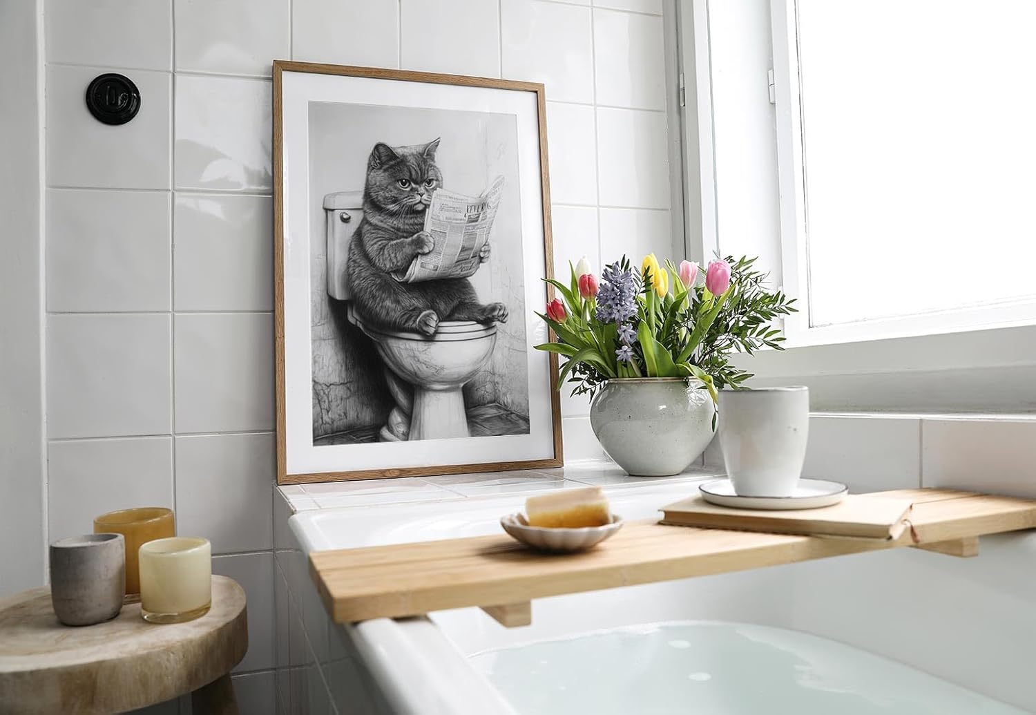 Paul Sinus Poster/Leinwandbild/Rahmenoption Lustiges Katzenbild – Witzige Klo-Deko für dein Gäste-WC – Perfekt für Humor-Fans