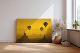 Sinus Art Wandbild 120x80cm Heißluftballons schweben über Pagoden im warmen Licht eines goldenen Himmels