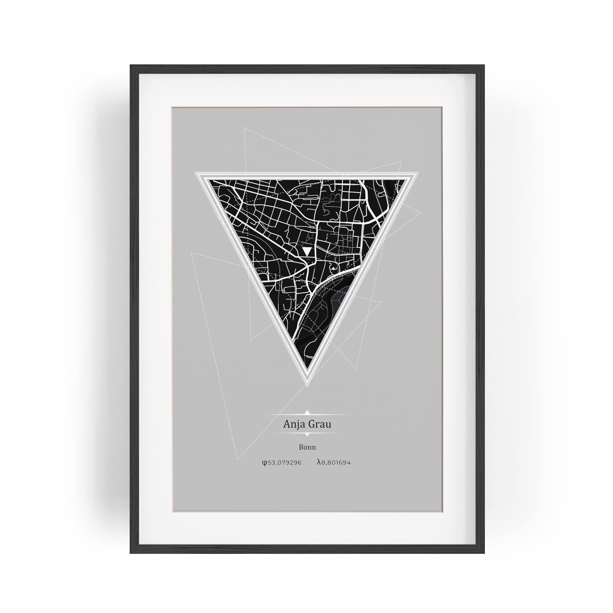 Paul Sinus personalisierter Bilderrahmen mit deinen GPS Koordinaten und Namen. 30cm x 42cm Holz Wechselrahmen mit Glas und Passepartout. Moderner Stadtplan. (ohne Rahmen)
