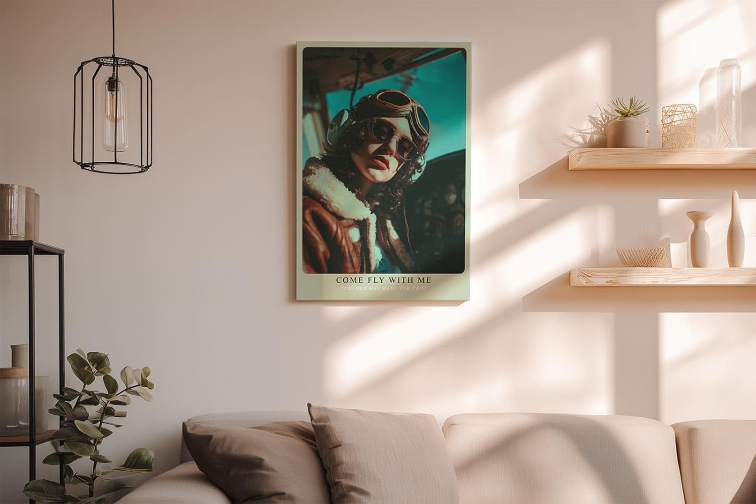 Paul Sinus Wandbild in 40x60cm Come Fly With Me Retro Pilot Woman in Aviator Jacket and Goggles in Sunlit Cockpit